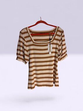 NWT T Tahari Cashew Tan & Cream Stripe Elbow Sleeve Square Neck top sz L